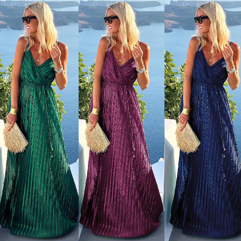 Instant Savings satin midi dressSling Pleated Dress INS Lace-up Loose Big Hem