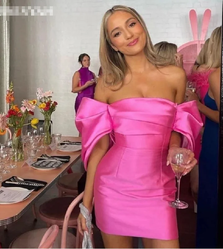 Sneak Peek Sale oversized dressSexy Pink Mini Evening Dresses Pleated Off Shoulder Satin Backless Prom Dress Graduation Cocktail Party Gowns 2024