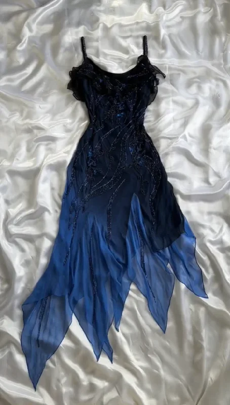 boho-chic dressLuxurious Navy Blue Chiffon Beaded Evening Dress Formal Party Prom Dress Y7529