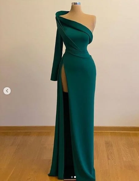 silk dressOne Shoulder Long Sleeves Evening Gowns With Slit Formal Occasion Pageant Dress S25031