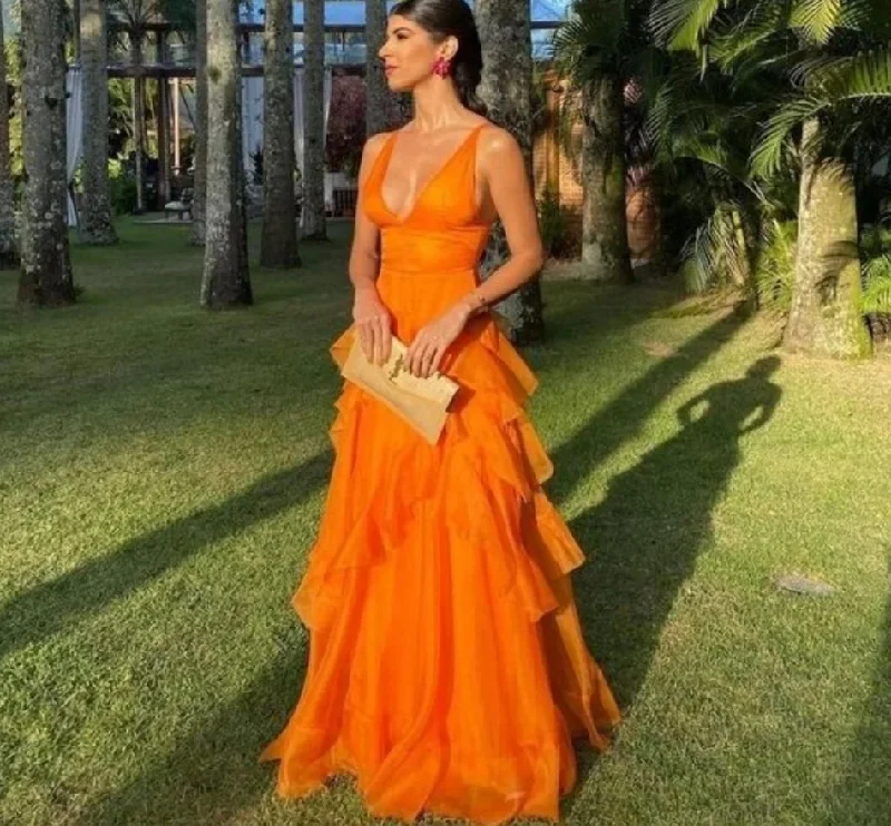 Limited Stock elegant evening dressSexy V-neck Prom Dressess A-Line Tiered Cocktail Evening Dress Orange Ladies Formal Sleeveless Gown Limited Stock elegant evening dressSexy V-neck Prom Dressess A-Line Tiered Cocktail Evening Dress Orange Ladies Formal Sleeveless Gown