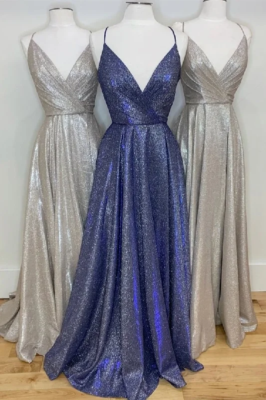 Bargain Bin elegant dressSparkly V Neck Straps A-Line Long Prom Dress