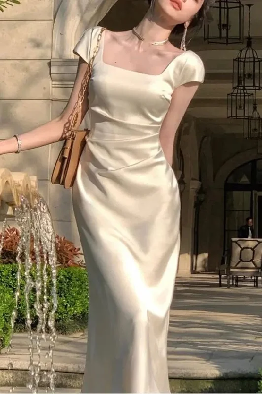 fitted dressElegant Square Neck Long Party Dress Beige Satin Mermiad Prom Evening Dress Y7576