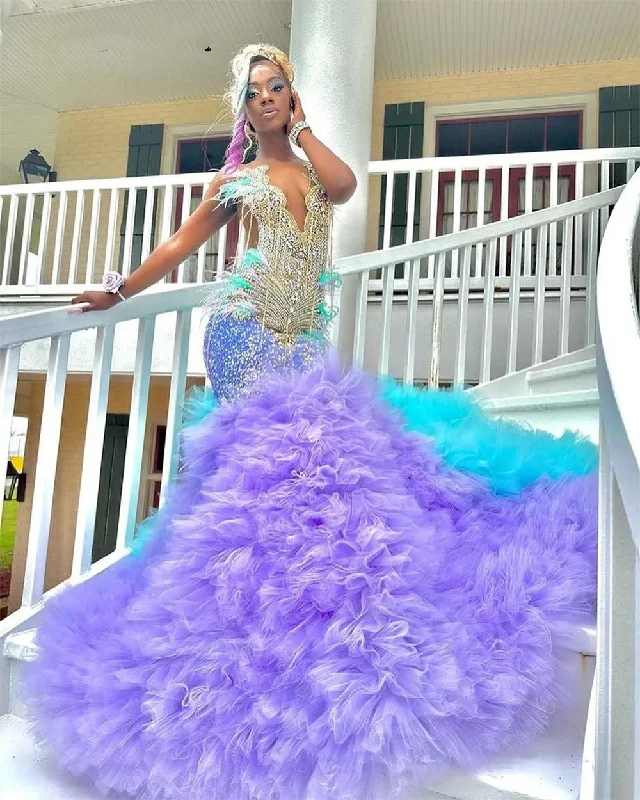 Bonus Savings elegant evening dressElegant Lake Blue And Purple Prom Dresses Luxury Feathers Tulle Ruched Crystal Beading Mermaid Formal Eevning Occasion Gown