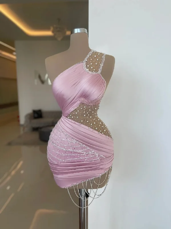 casual shift dressBirthday One Shoulder Evening Dress Pink Sequins Crystals Bride Robe Elegant Mini Party Bridal Dresses Vestidos De Novia