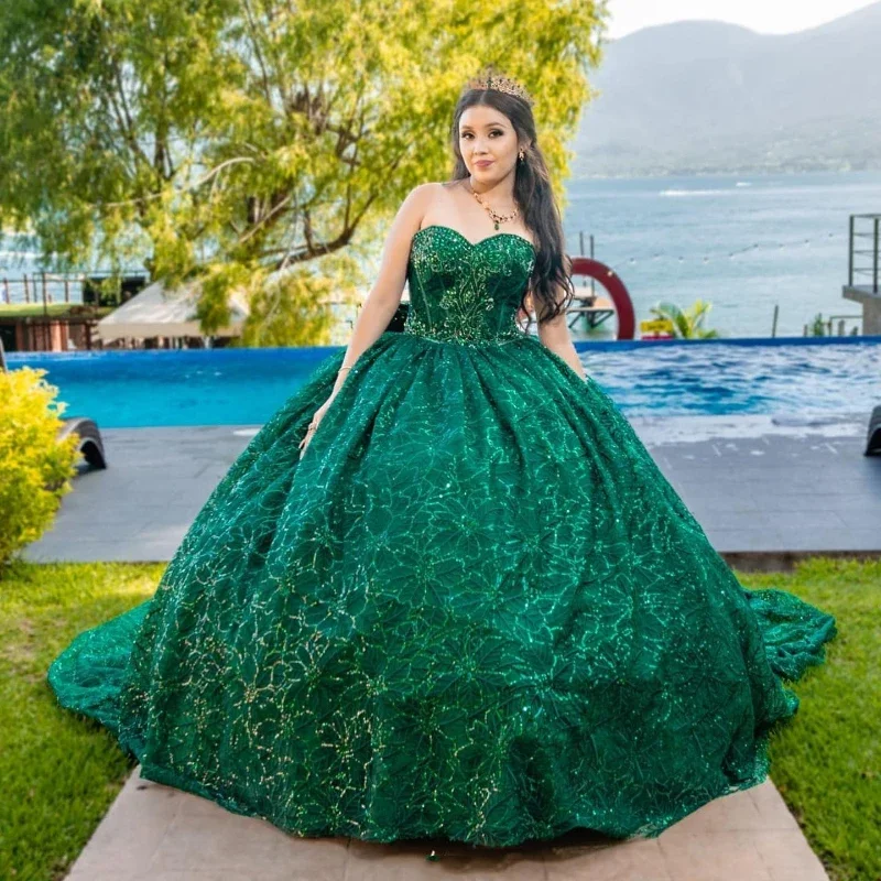 Huge Discounts off-shoulder dressEmerald Green Shiny Sweetheart Quinceanera Dresses For Sweet 15 Year Sexy Off the Shoulder Puffy Ball Gown Lace Beads Princess