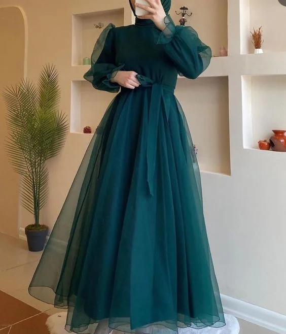 Discount Deals trendy dressModest A-line Long Sleeves Tulle Prom Dress,Muslim Dress Y6969