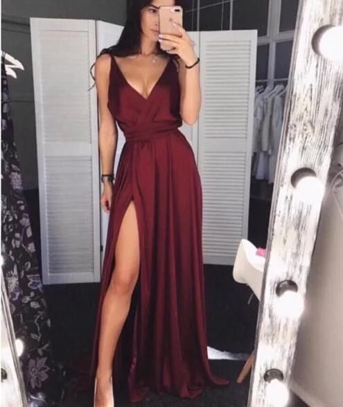 casual midi dressSimple Burgundy V-Neck Satin Prom Dress,Long Evening Dress With Split  S6547