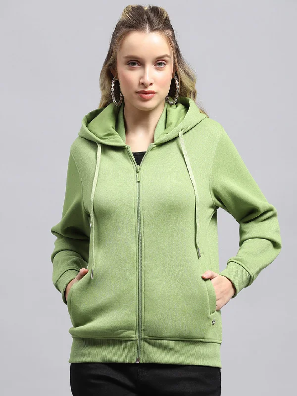 Referral Discount comfy workout wear hoodieWomen Green Solid Hooded Full Sleeve Sweatshirt