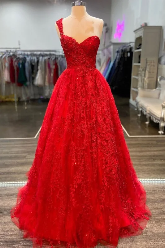 silk dressOne Shoulder Red A-line Appliques Tulle Formal Gown