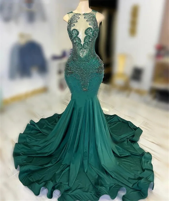 Warehouse Sale comfy dressEmerald Green Luxury Prom Dresses Crystal Beads Mermaid Girls Senior Graduation Party Gowns New Goegeous Evening Maxi