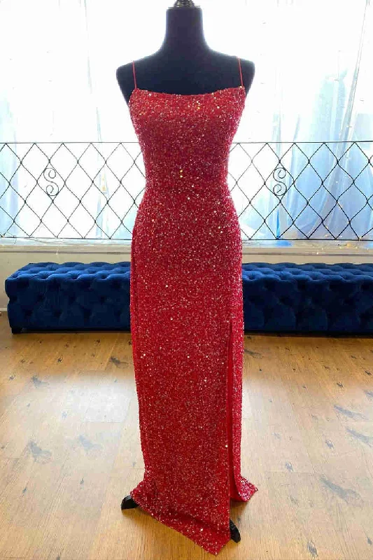 satin midi dressGlitter Red Sequis Long Prom Dress