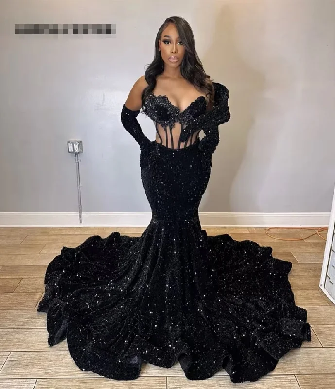 draped dressSexy Black Sequin See Thru Mermaid Long Prom Dresses With Gloves Halloween Afican Elegant Dress For Wedding Party Evening Gowns