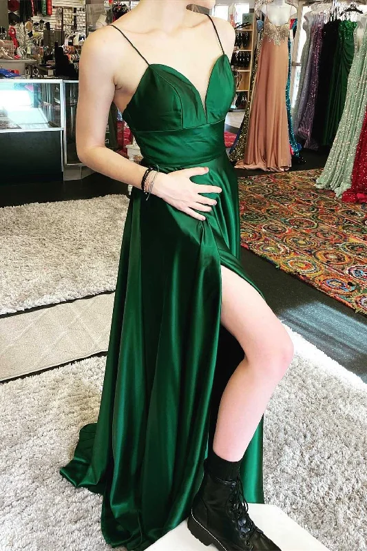 A-line dressGreen V-Neck Empire Waist A-Line Prom Dress with Slit