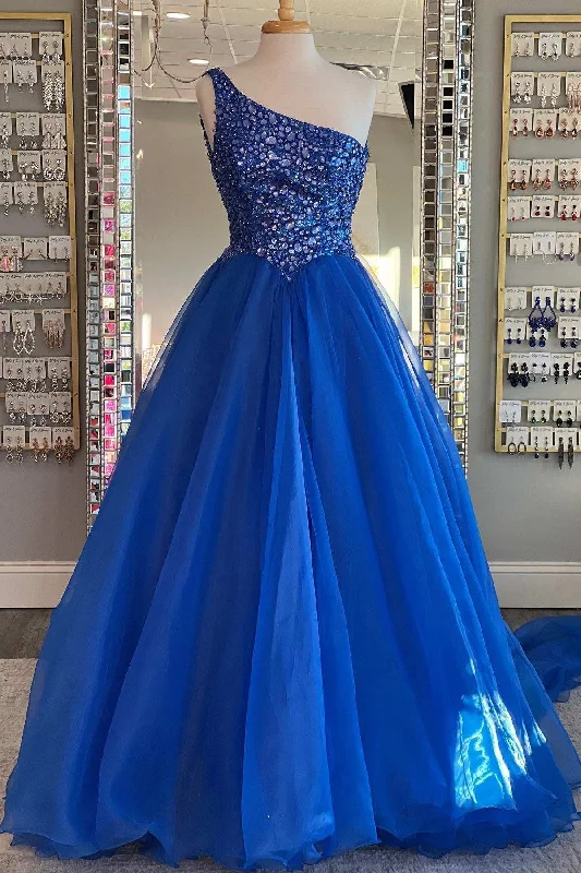 bodycon dressBlue Beaded One-Shoulder A-Line Long Prom Dress