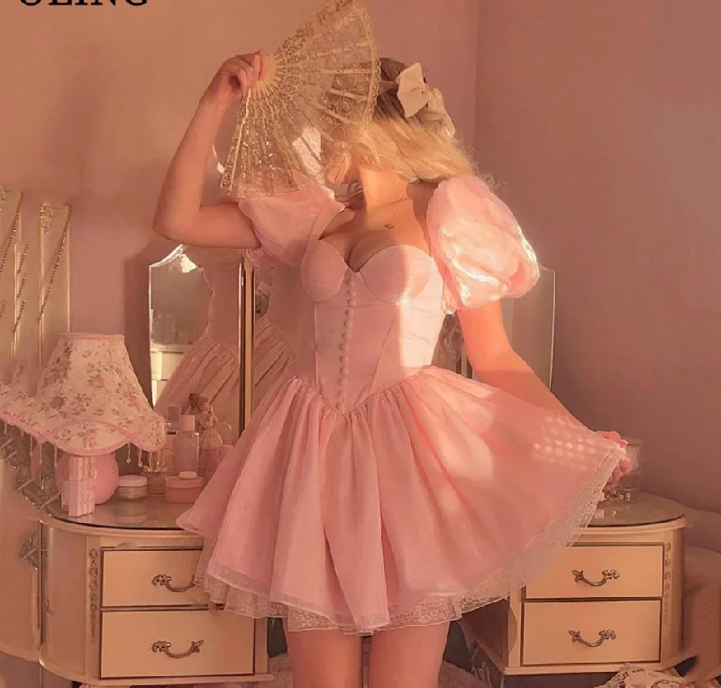 fitted dressPrincess Short Pink Party Prom Dresses Pretty Puff Sleeves Sweetheart Lace Organza Mini Fairy Homecoming Dress Summer