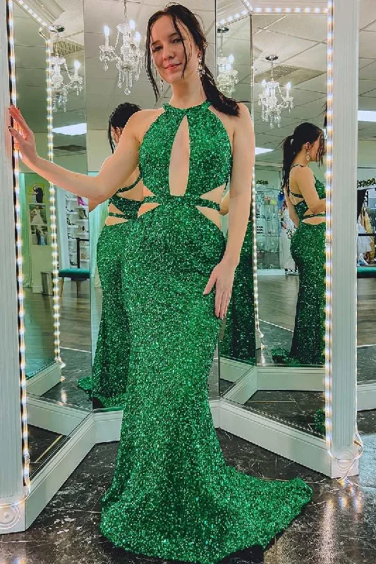 vintage dressGreen Sequin Keyhole Cutout Mermaid Long Formal Dress