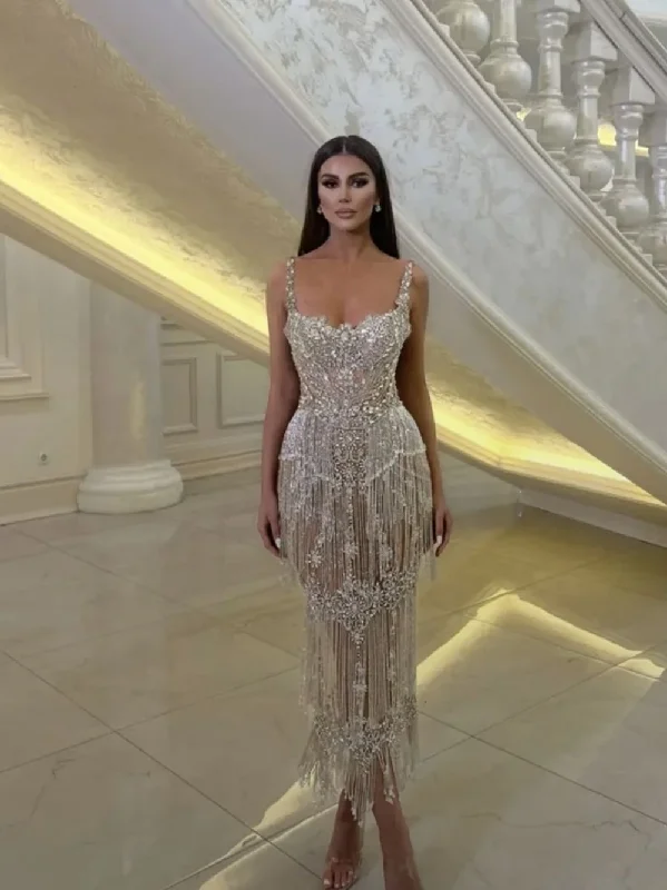 Bonus Savings sophisticated dressElegant Straight Evening Dress Party Beaded Crystals Tassel Bride Robe Luxury Ankle-length Bridal Dresses Vestidos De Novia