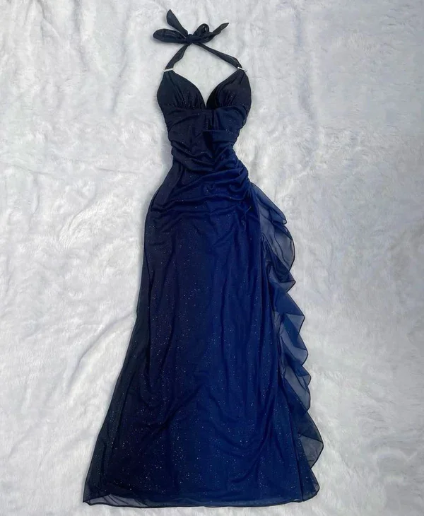 high-waisted dressSexy Halter Ombre Navy Blue V Neck Chiffon Long Prom Dress Party Evening Gown Y7486