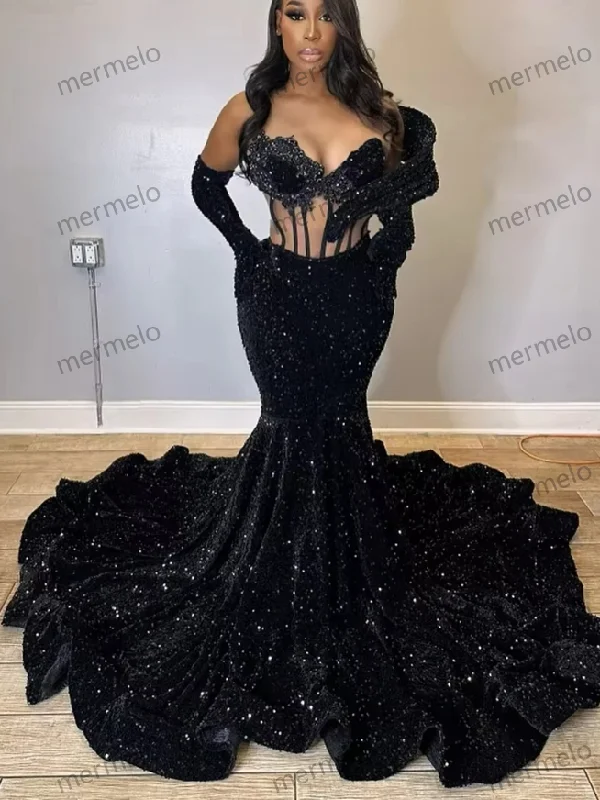 denim dressSexy Black Sequin Mermaid Long Prom Dresses With Gloves Afican Elegant Dress For Wedding Party Evening Gown