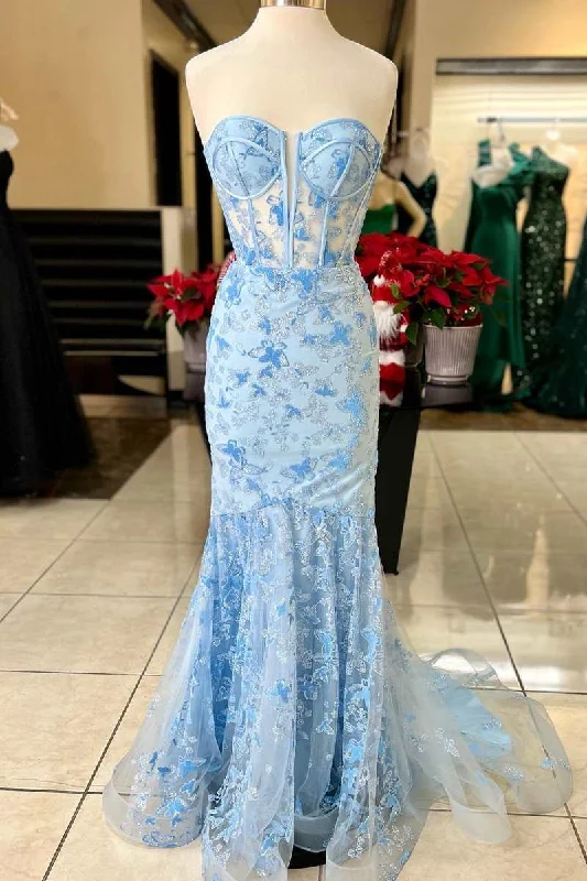 oversized dressLight Blue Lace Sweetheart Trumpet Long Prom Dress