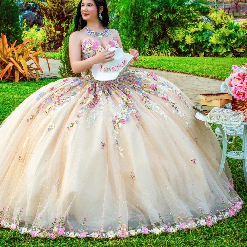 party-ready dressChampagne Quinceanera Dress Off The Shoulder Ball Gown Applique Lace Tull Sleeveless Sweet 16 Vestido De 15 Anos