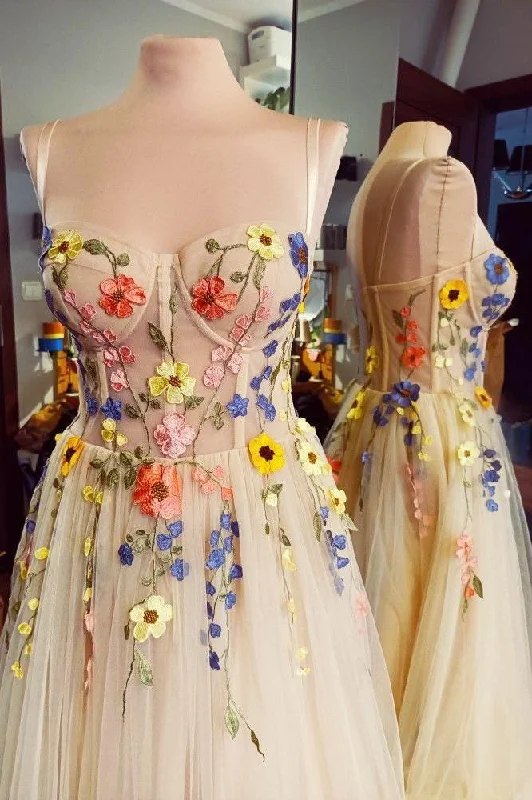 The Best Prices evening dressStraps Champagne Corset Floral Long Formal Dress