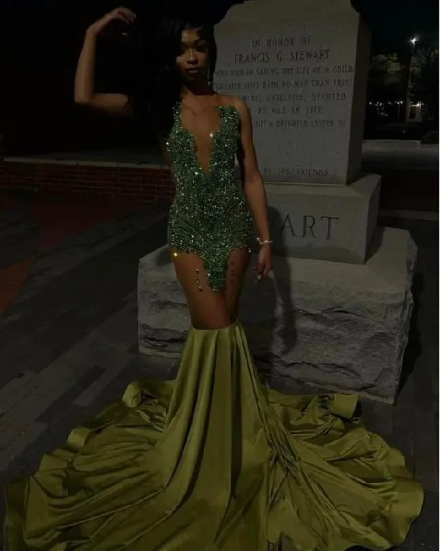Unbeatable Prices ruffle dressGreen Luxury Evening Ceremony Formal Dresses for Black Girl Long Sparkly Diamond Crystal Prom Birthday Gala Dress