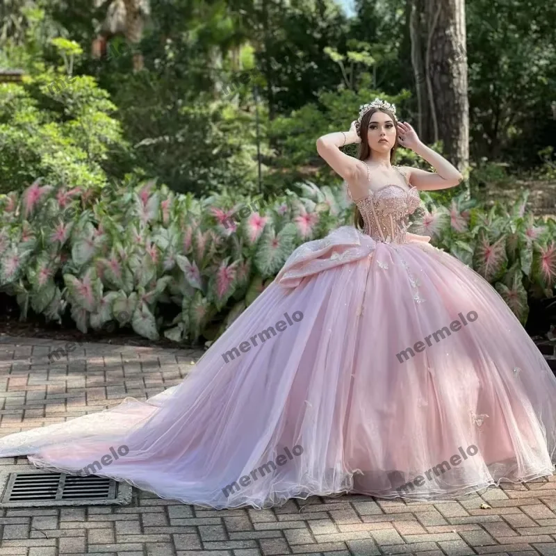 statement dressPink Ball Gown Quinceanera Dresses Beaded With Bow Corset