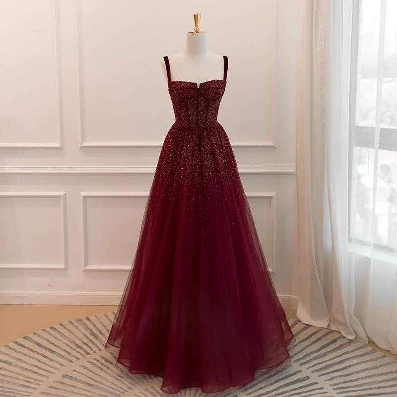 playful dressGothic Burgundy Spaghetti Straps Sequins Beaded Formal Prom Dress Tulle Party Evening Dress Y7586