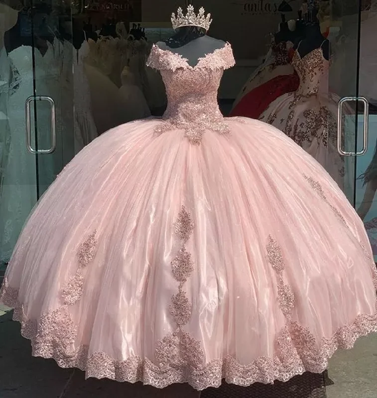 casual slip dressSweet Pink Off The Shoulder Tulle LaceAppliques Ball Gown Quinceanera Dress Y7728