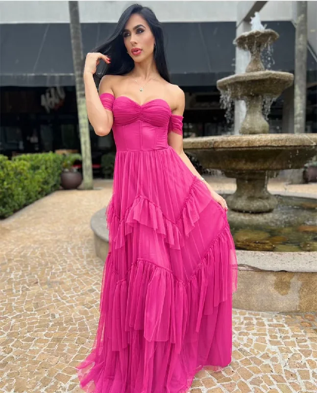 sleeveless dressCustomized Vintage Long Off Shoulder Fuchsia Tulle Evening Dresses A-Line Pleated Floor Length Prom Formal Party Dress for Women