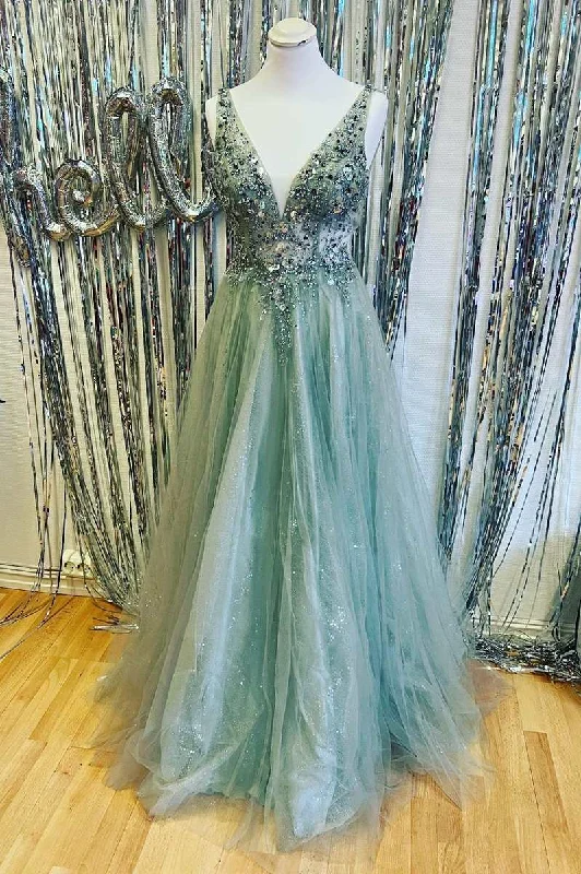 oversized dressMint Green Beaded V-Neck Backless A-Line Prom Dress