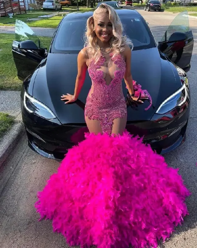 Closeout party dressFuchsia Pink African Prom Dress for Women Sparkly Luxury Diamond Crystal Feather Sheer Mesh Birthday Evening Gown robes de gala Closeout party dressFuchsia Pink African Prom Dress for Women Sparkly Luxury Diamond Crystal Feather Sheer Mesh Birthday Evening Gown robes de gala