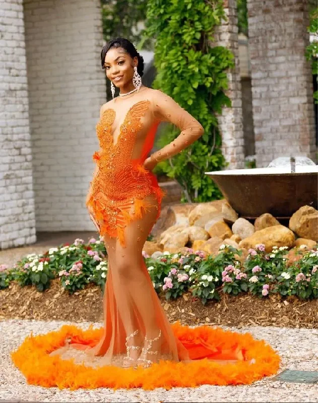 Unmissable Offer fitted bodycon dressOrange Luxury Long Sleeve African Prom Formal Party Dresses for Black Girl Sheer Mesh Sparkly Diamond Evening Birthday Gown Gala