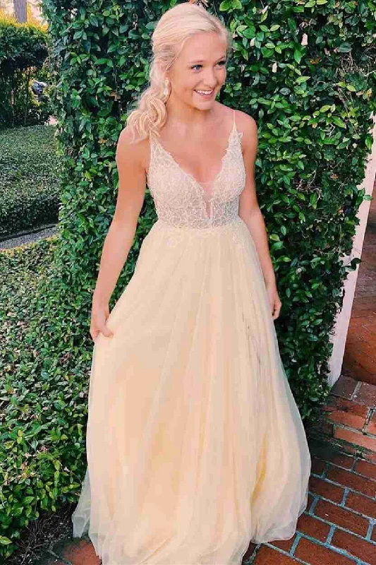 Bargain Prices classic fit-and-flare dressV-Neck Backless Yellow Long Prom Dress