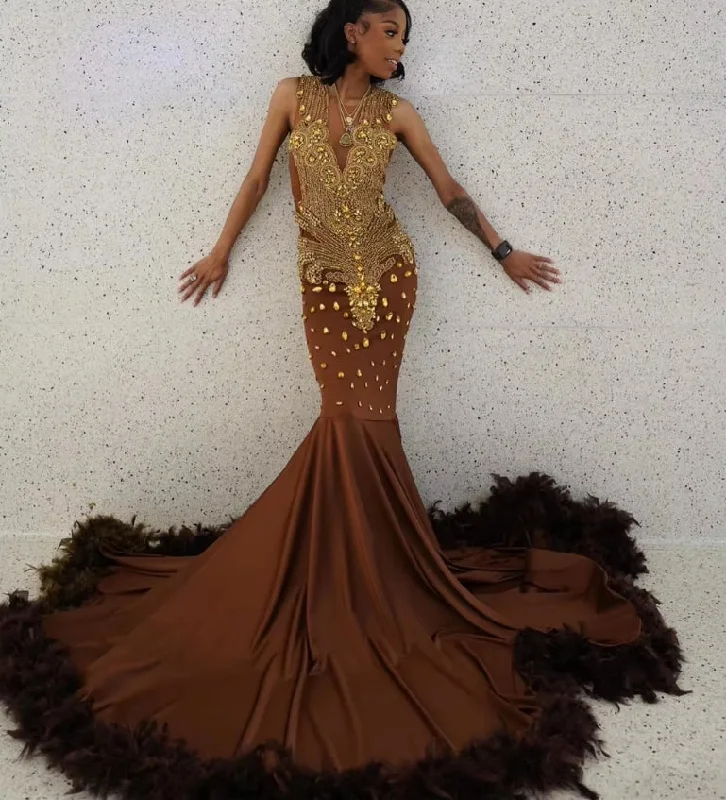 fitted dressChocolate Brown Fearhers Gold Rhinestones Prom Dresses For Blackgirls New In Formal Occasion Dress African Wedding Gowns