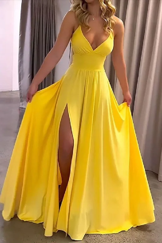 Online Exclusive chic slip dressFashion Ladies Summer Yellow V Neck Lace Up Slits Elegant Prom Dress Y7084