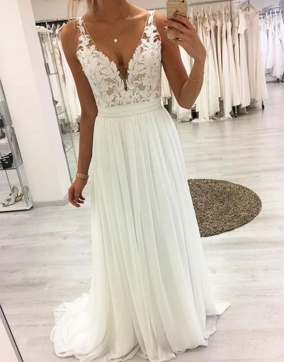 fitted bodycon dressWhite v neck lace chiffon long prom dress, white lace evening dress S4622