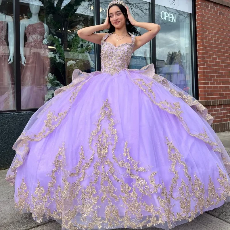 Today’s Special office dressLavender Sweetheart Princess Quinceanera Dresses Ball Gown Gold Lace Appliques Beading Sweet 16 Prom Dress Vestidos De 15 Años