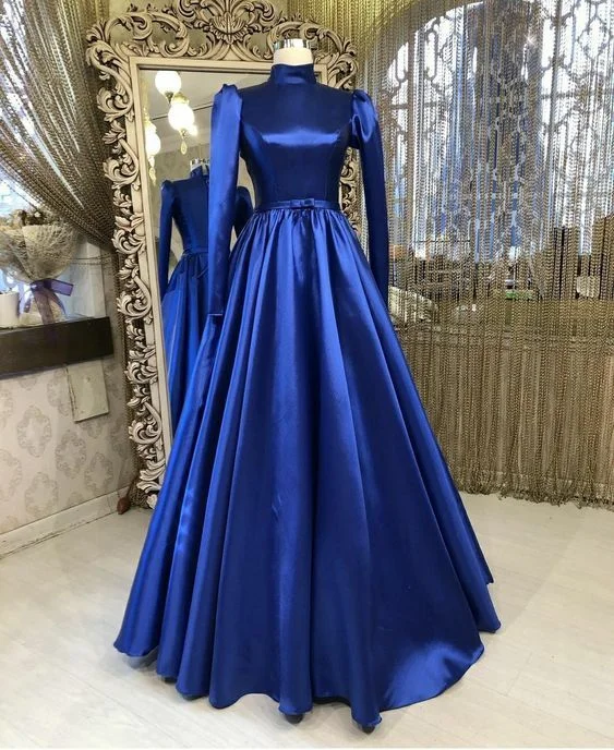 Huge Discounts boho dressHigh Neck Prom Dress,Royal Blue Prom Dresses, Satin Prom Dresses Y6966