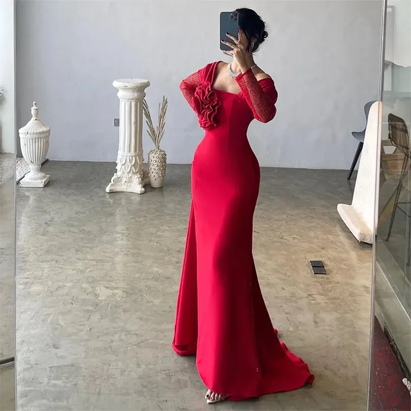 Super Sale t-shirt dressElegant Red Evening Dresses Off the Shoulder Long Sleeves Handmade Flowers Mermaid Sweep Train Party Gowns for Women