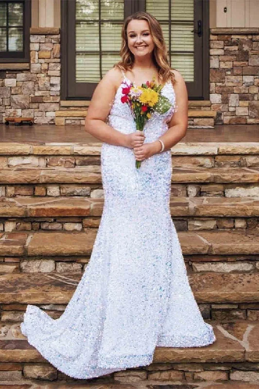 Weekend Special classic fit-and-flare dressMermaid White Sequins Long Prom Dress