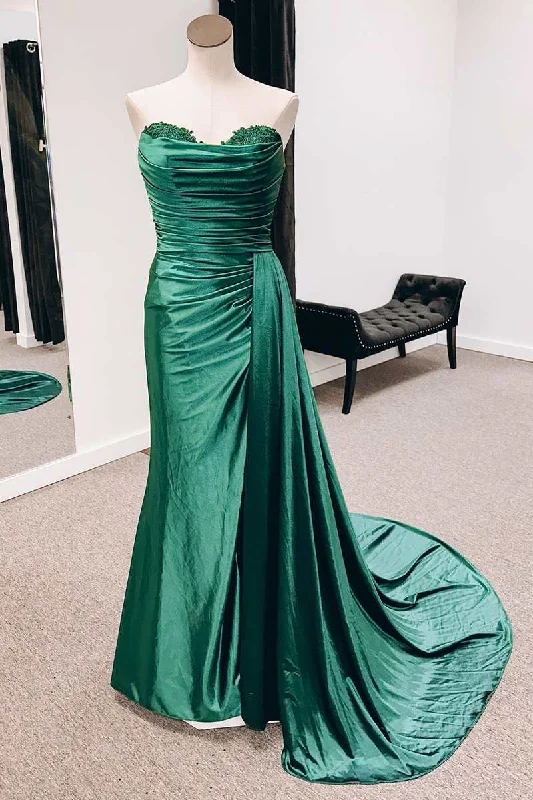 draped dressGreen Satin Strapless Long Formal Dress with Attached Train