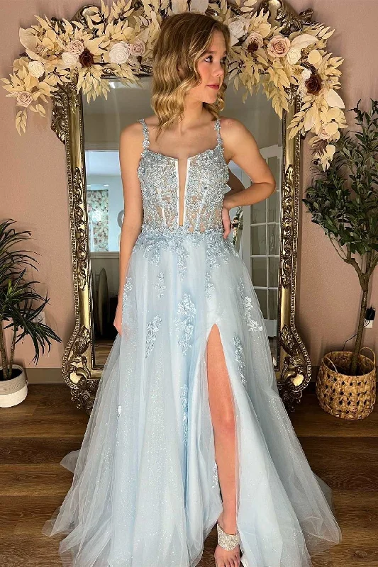 boho dressLight Blue Floral Lace Split Neck A-Line Prom Dress with Slit