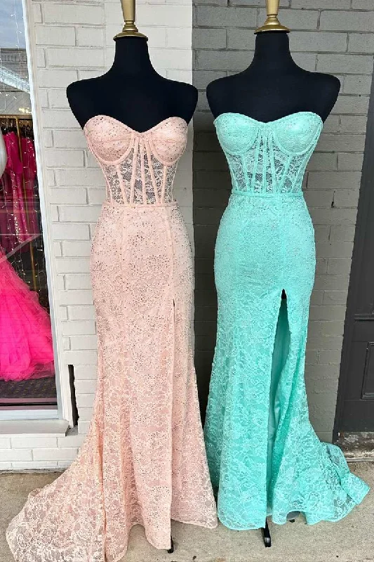 floral midi dressMint Green Lace Strapless Mermaid  Long Prom Dress with Slit