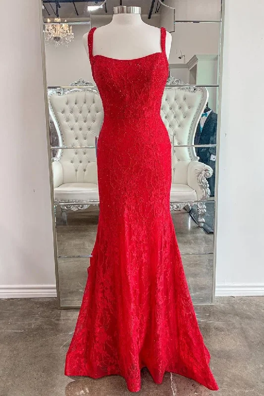 wrap dressMermaid Red Lace Long Prom Dress