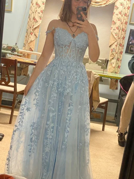 Bargain Prices backless dressBlue Lace Appliques A-line Long Prom Dress,Blue Graduation Dress Y7035