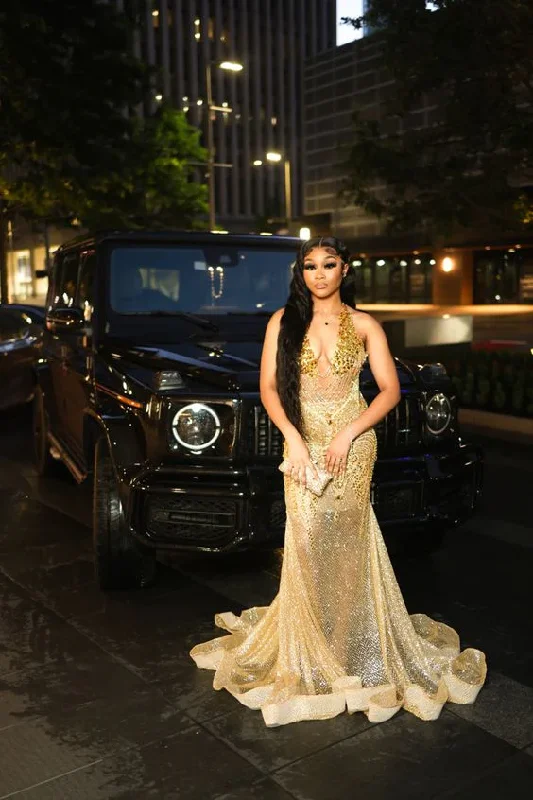 Blowout Sale chic slip dressGold Beaded Sequin Mermaid Prom Dress Evening Dress
