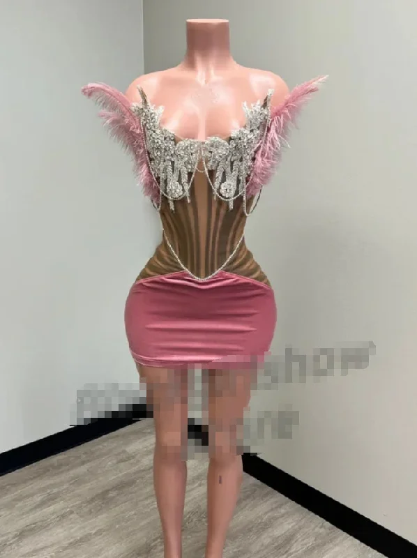 midi dressLuxury Peach Pink Short Cocktail Party Dress 2024 Sexy Bustier Diamante Beaded Feather Mini Dress فساتين للمناسبات الرسمية